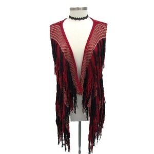 Red Black Fringe Crochet Vest Womens L Sleeveless Open Front Boho Festival